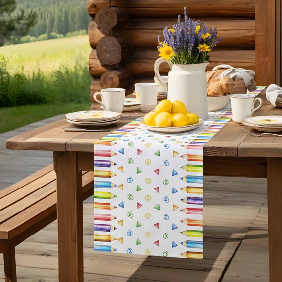 Back-to-school Season Pencil Table Runner 13x36in Non-Slip Cotton Linen Table Runners, Childlike Colored Pencils Dresser Scarves TableRunner for Dinner Kitchen Dining Wedding Party