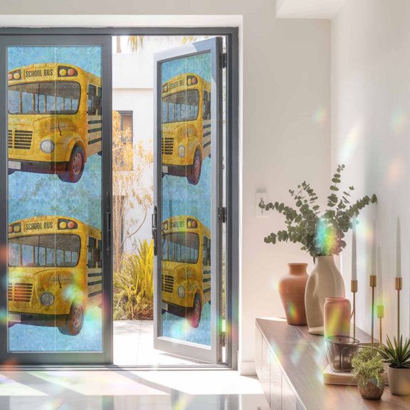 Back-to-school Season Window Privacy Film, Rainbow Film Decorative Window Sticker 23.6x78.7in, Yellow School Bus Sun Blocking Static Stained Glass Cling Tint Non-Adhesive