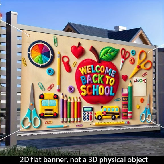 Back-to-school season Apple Stationery theme banner, indoor and outdoor event decorative background cloth, 71x43 inches, theme wall flag hanging, school bus pencil and scissors paperclip design, suit