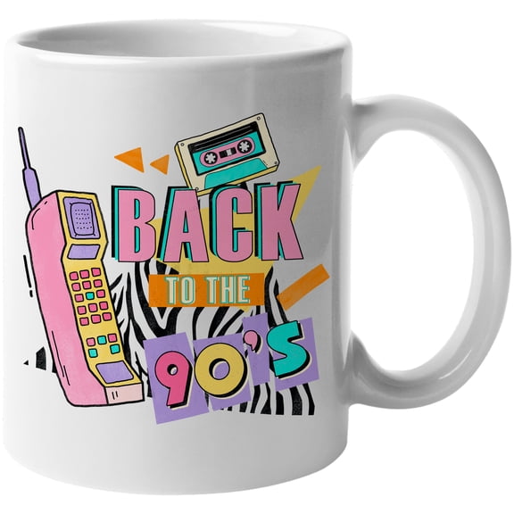 Back to the 90s, Retro Brick Cell Phone, Cassette Tape & Geometric Shapes Art Merch Gift, White 11oz Ceramic Mug