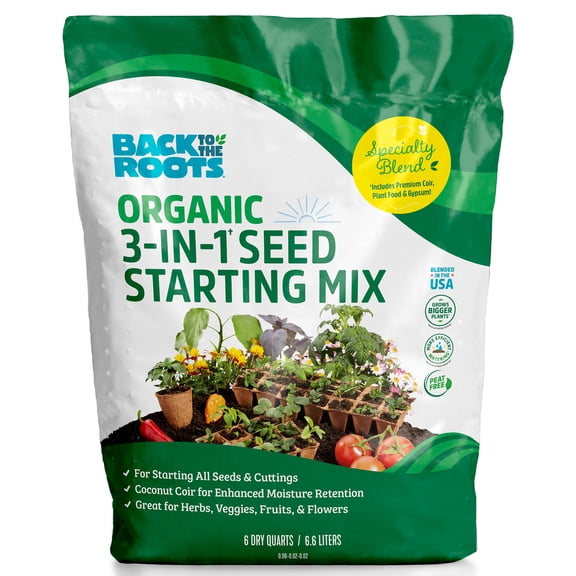 Back to the Roots Natural and Organic 3-in-1 Seed Starting Mix, Premium Blend Soil, 6qt