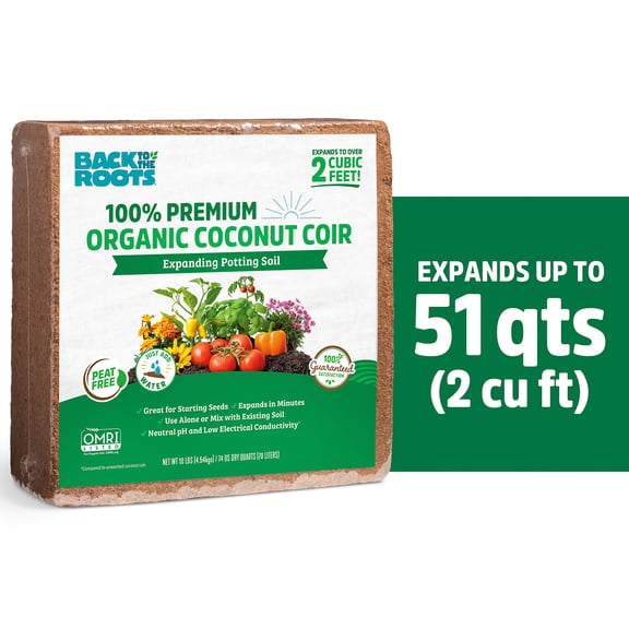 Back to the Roots Organic Coconut Coir Brick, 10 lb Compressed Gardening Soil for Vegetables and Plants