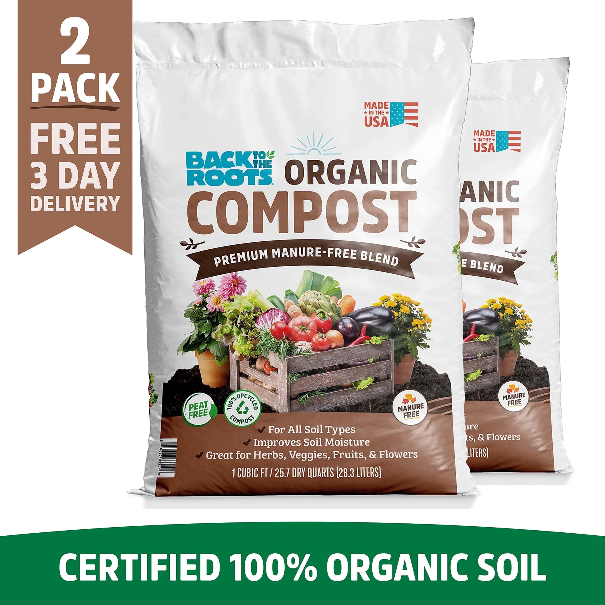 Back to the Roots Organic Compost Soil, 2x 1 cu.ft., Manure-Free, for ...