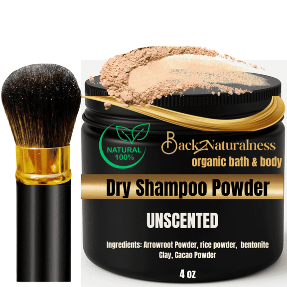 Back2Naturalness Unscented Dry Shampoo Powder for Dark Hair w/Brush -  Non-Aerosol, Vegan, Residue-Free (3.5 oz)