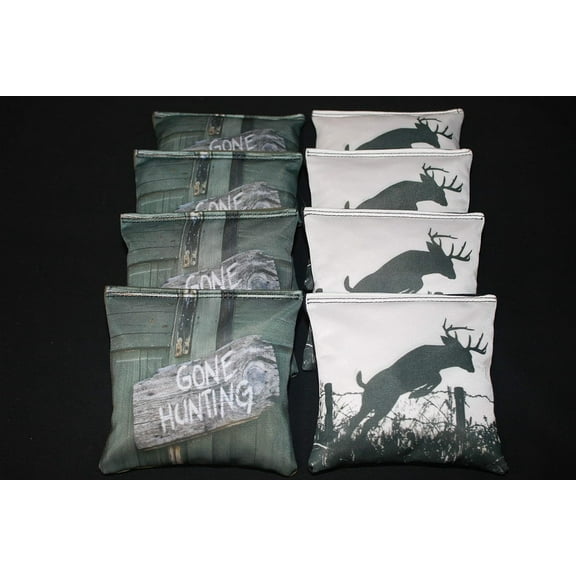 BackYardGamesUSA Deer Gone Hunting - All Weather or Corn Filled Cornhole Bags - Set of 8 Regulation Size Duck Canvas Cornhole Toss Bean Bags