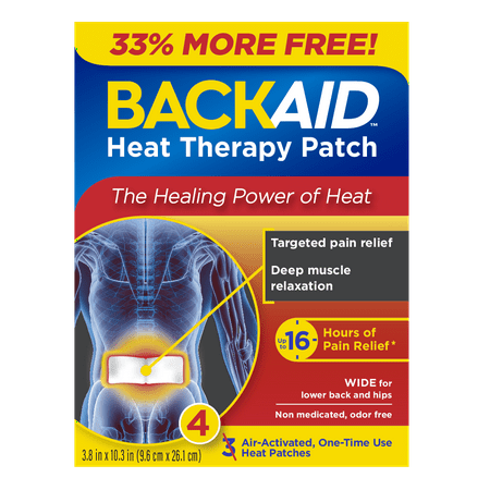 Backaid Heat Therapy Patch, Wide for Lower Back and Hip Pain Relief, 4 x 10", 3 Count + 1 Bonus Count