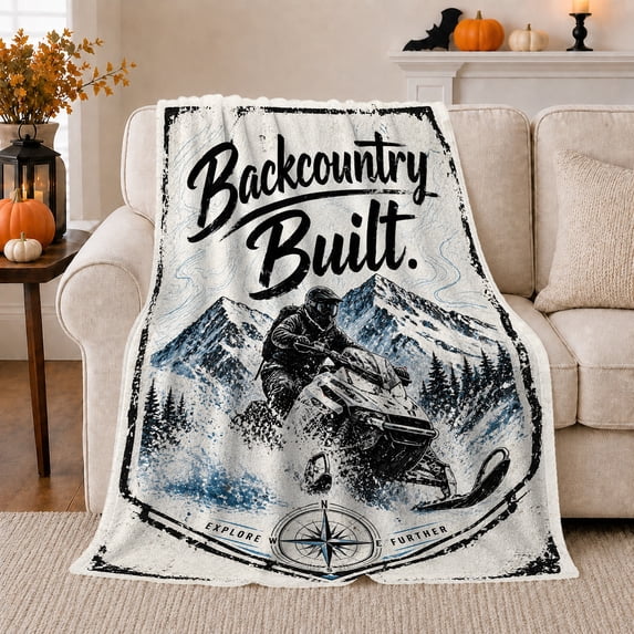 Backcountry Built Snowmobile Adventure Mountain Peaks Explore Further, Dramatic Rustic Scene, Warm Flannel Blanket for Cabin and Lodge, Garden Lovers Housewarming Gift, Rustic Home Decor