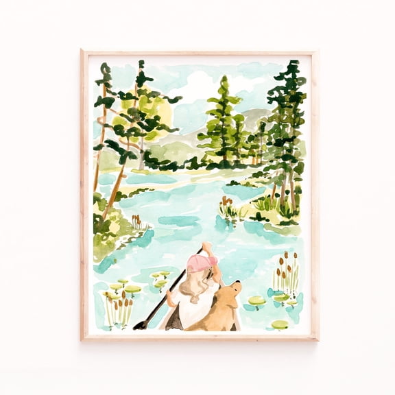 Backcountry Canoe Art Print - Blonde Girl with Yellow Lab on Teal Lake Poster, Unframed Poster Size 16x24 F03.1.19l1342