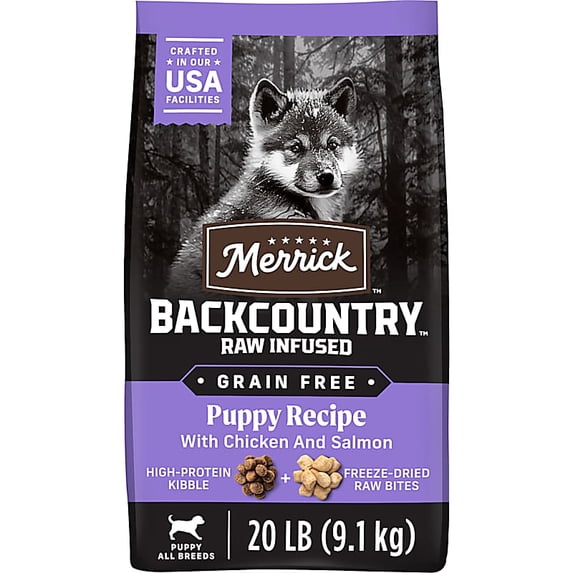 Merrick Backcountry Grain Free Kibble with Freeze Dried Raw Pieces, Chicken Recipe Dry Puppy Dog Food 20 lbs