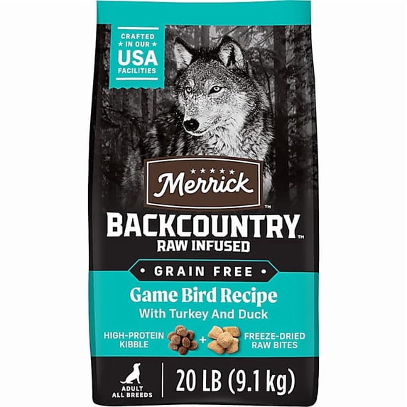 Merrick Backcountry Grain Free Kibble with Freeze Dried Raw Pieces, Game Bird Recipe Adult Dry Dog Food 20 lbs.