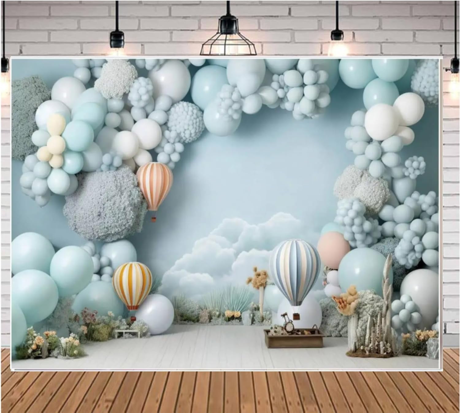 Backdrop Baby Shower Happy Birthday Blue Flowers Balloons Clouds Sky Wall Background Custom Cake
