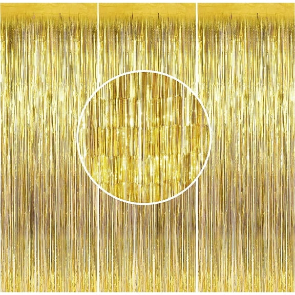 Backdrop Curtains for Parties, 3PCS Gold Tinsel Foil Fringe Curtains Party Decorations Streamers Backdrop for Birthday Graduation Wedding Engagement - 1x2.5m