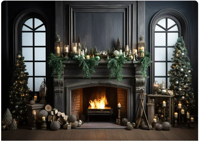 Backdrop Fireplace Xmas Tree European Indoor Family Portrait ...