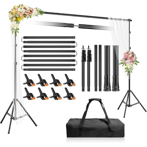 Backdrop Stand 10x7ft(WxH), Photo Studio Adjustable Background Stand Support System Kit with 8 Crossbars, 8 Clamps and Carrying Bag for Parties, Wedding, Photography, Decoration