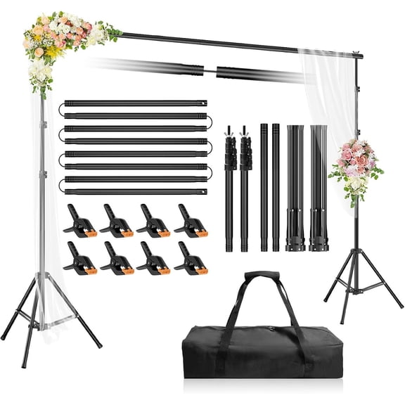 Backdrop Stand 10x7ft(WxH), Photo Studio Adjustable Background Stand Support System Kit with 8 Crossbars, 8 Clamps and Carrying Bag for Parties, Wedding, Photography, Decoration