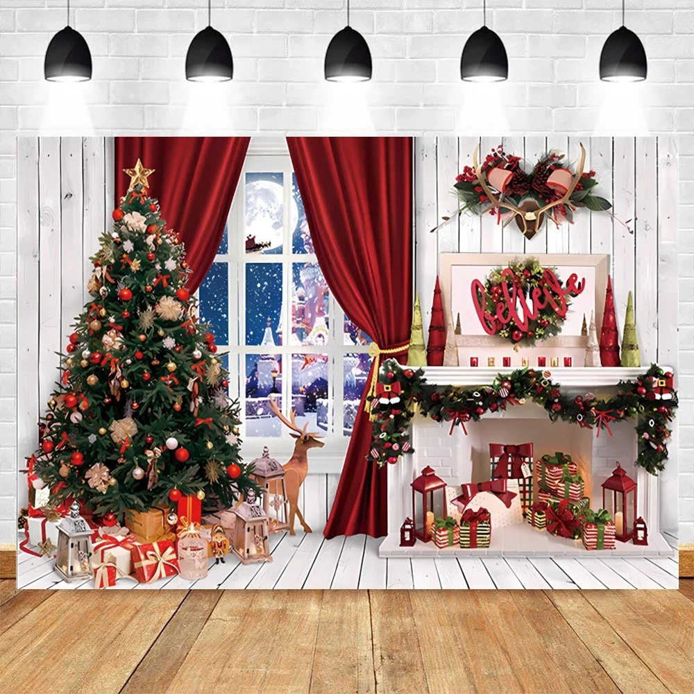 Backdrop for Photography Winter Window Fireplace Gift Xmas Tree Kids ...