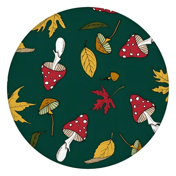 Backed Round Tablecloth with Botanical Mushroom and Psychedelic Trippy Mushroom Designs, Waterproof and Scratch-Resistant Vinyl, Elastic Edge Fit for Dining, Picnic, Patio