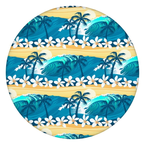 Backed Round Tablecloth with Tropical Beach Sunset and Ocean Sunset with Palm Trees Designs, Waterproof and Scratch-Resistant Vinyl, Elastic Edge Fit for Dining, Picnic, Patio