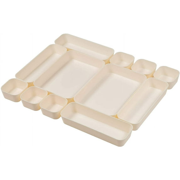 Backerysupply Set Of 12 Beige Color Plastic Desk Drawer Organizers For Makeup Bathroom Office Kitchen Vanity Drawer Storage Box Container