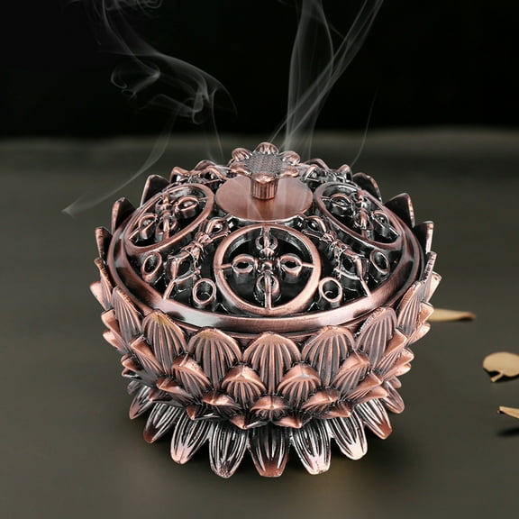 Backflow Incense Burner, Cast Iron Vintage Censer Lotus Flower Stick Incense Burner Cone Incense Burner Holder Incense Burning Bowl Pot with Lid Home Desk Decoration