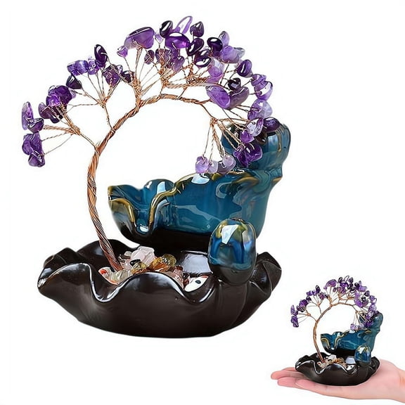 Backflow Incense Burner Ceramic Waterfall, 7 Chakra Stones Healing Crystal Money Tree Holder for Wealth and Good Luck, Zen Yoga Meditation Decor, Spiritual Gift for Home and Office Room