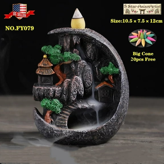 Backflow Incense Burner Holder Mountain Waterfall 079 & 20 Cones Gift