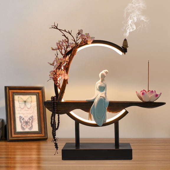 Backflow Incense Burner with LED Light, Ceramic Buddha Statue, Peach Blossom Decoration, and Relaxing Aromatherapy - Ideal Gift for Home, Office, and Meditation
