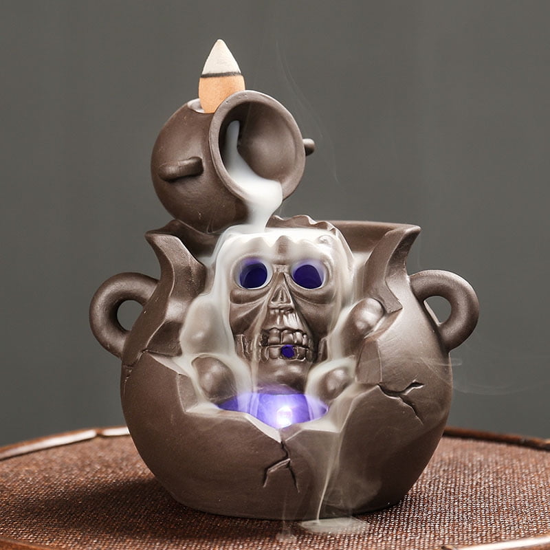 Backflow Incense Burner Skull Ceramic Incense Holder Backflow Incense Cones Holder Ceramic Incense Waterfall Burner Skull Halloween Decor for Home Office Yoga Temple Ornament Type