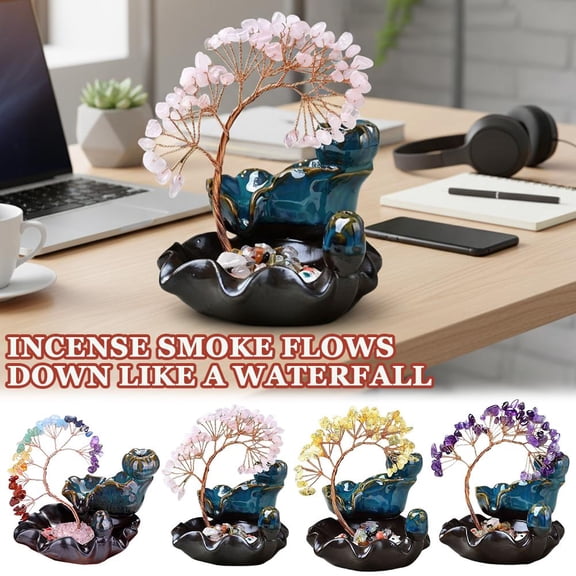 Backflow Incense Burner with Crystal Tree, Ceramic Waterfall Incense Holder for Yoga Meditation Home Decor, Nama-ste Gift