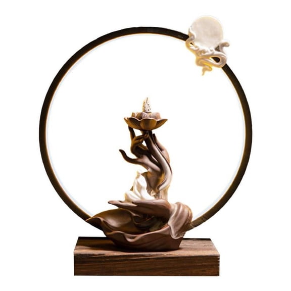 Backflow Incense Cone Burner with Night Lights USB Lighting Zen Decor Ceramic Smoke Fountain Aromatherapy Ornament Waterfall for