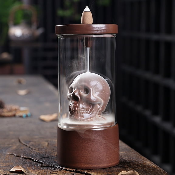 Backflow Incense Holder, Ceramic Waterfall Skull Incense Burner with Incense Cones and Windproof Acrylic Hood, for Halloween/Aromatherapy/Yoga/Home Deco