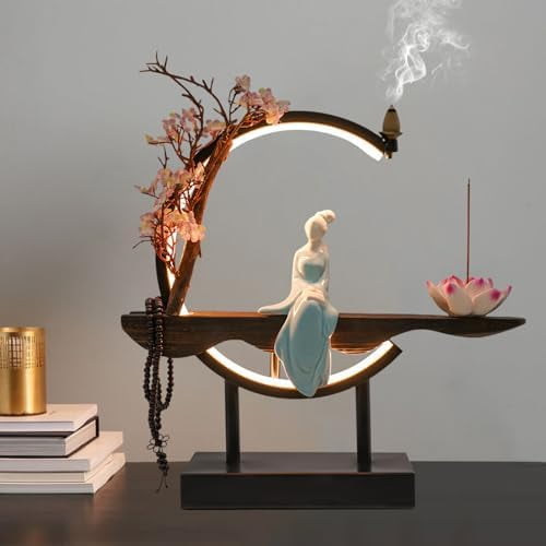 Backflow Incense Holder with LED Light, Chinese Style Ceramic Backflow Incense Burner, Home Decor Ornament Incense Holders with Backflows for Home Office Decor$$Home Decor, Kitchen, & Other
