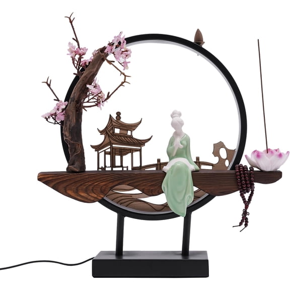 Backflow Incense Holder with LED Light Ring, Chinese Style Flower Censer Incense Burner Home Decor Aromatherapy Ornament Backflow + Stick Incense Holder, USB Cable (Peach Blossom)