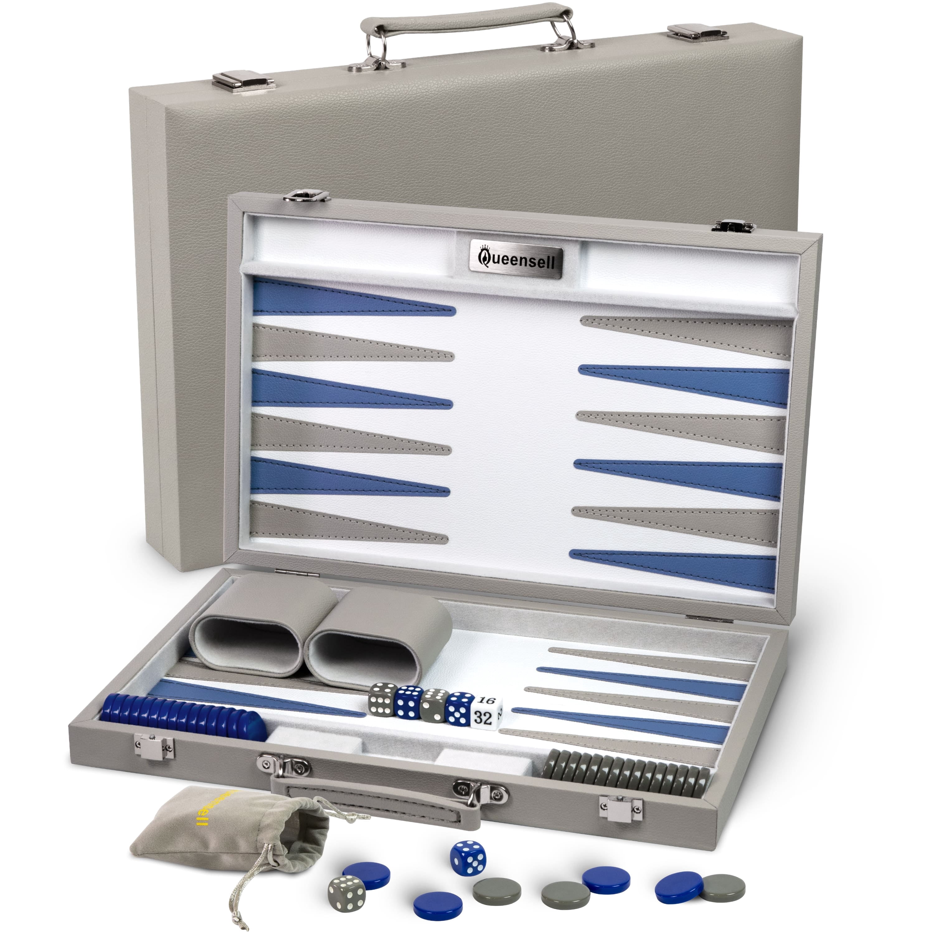 Backgammon Set for Adults, Luxury Premium Leather Backgammon Board Game with PU Leather Case, Acrylic Chips, Dice Shakers – Elegant Grey Backgammon Game Set