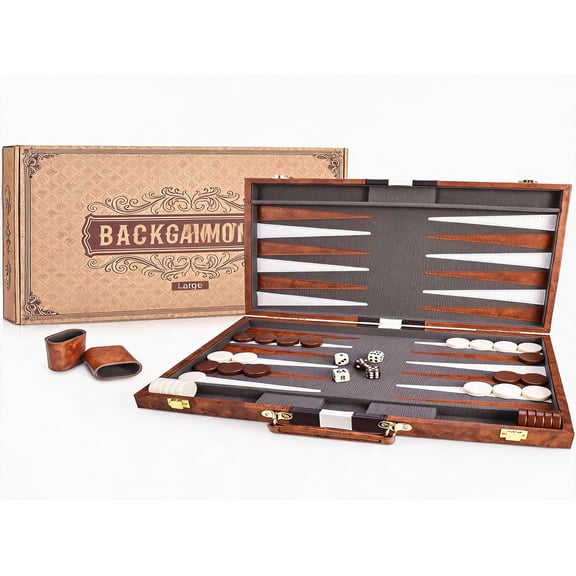 Backgammon Set with Folding Board Leather Case Doubling Cube Dice and Playing Chips Large Brown