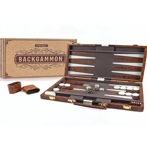 Backgammon Set with Folding Board Leather Case Doubling Cube Dice and Playing Chips Medium Brown