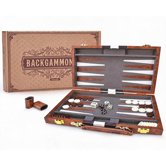 Backgammon Set with Folding Board Leather Case Doubling Cube Dice and Playing Chips Small Brown