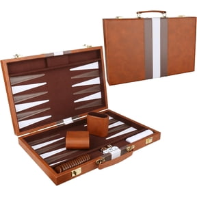 Backgammon Set with Leather Case Portable Travel Strategy Game 15 Inch Brown