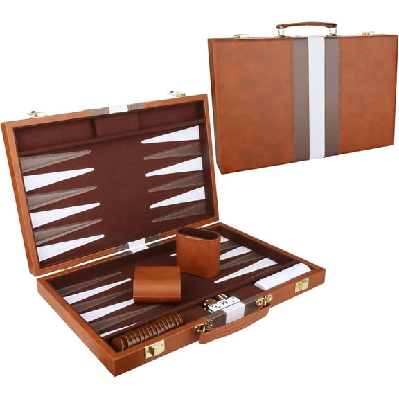 Backgammon Set with Leather Case Portable Travel Strategy Game 15 Inch Brown