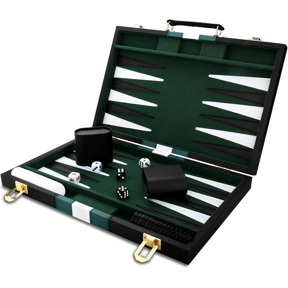 Backgammon Set with PU Leather Case Portable Travel Strategy Game 15 Inch Medium Black