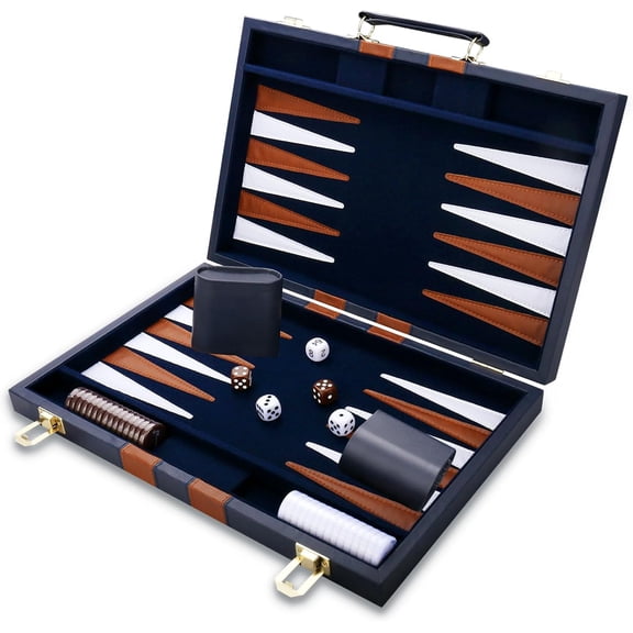 Backgammon Set with PU Leather Case Portable Travel Strategy Game 15 Inch Navy
