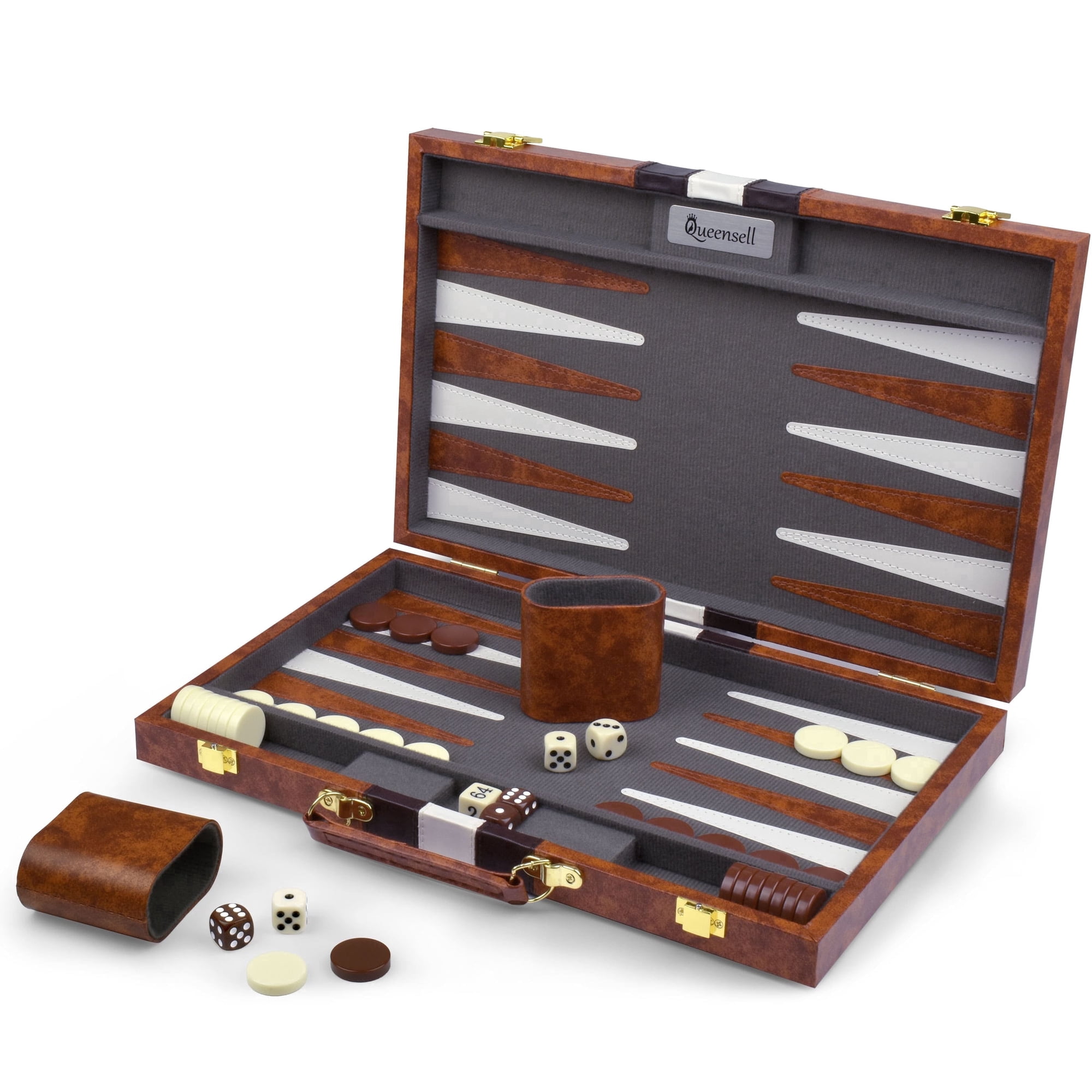 Queensell Backgammon Board Game Set – 15 inch with 32 Pieces in PU Leather Case for Adults and Kids