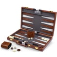 thumbnail image 1 of Backgammon Set for Adults, 15 Inch Folding Travel Board Game with 32 Playing Pieces, Dice Cups, Doubling Cube and PU Leather Case, 1 of 11