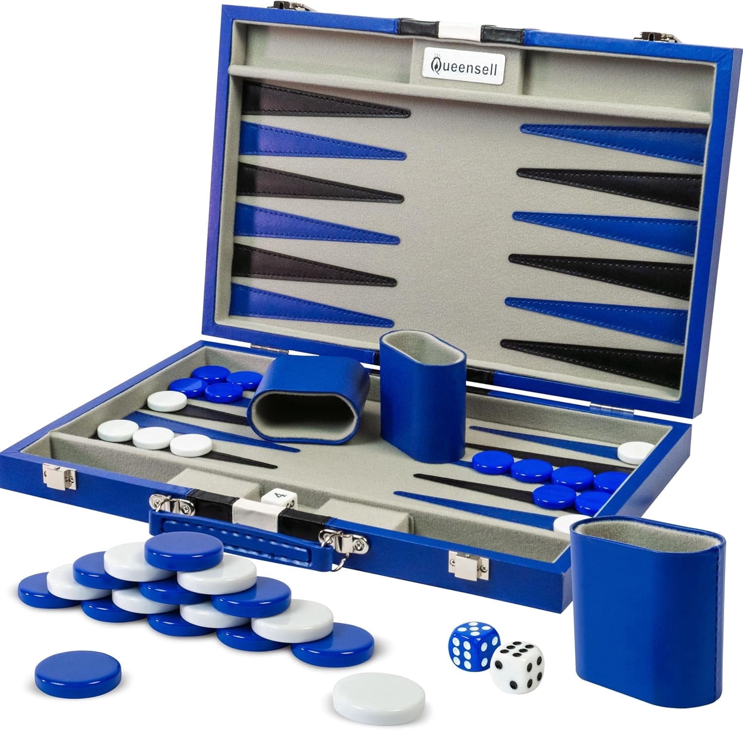 Queensell Backgammon Board Game Set – 15 inch Blue PU Leather for Adults
