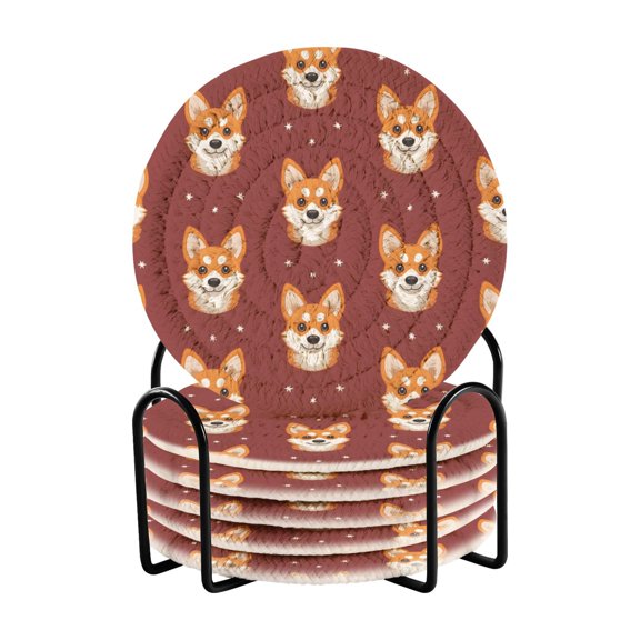 Background Corgi Face Pattern Bar Coasters 6 Pack Braided Coasters with Holder Absorbent Heat Resistant