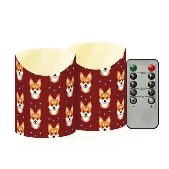 Background Corgi Face Pattern Flameless Candles 2 PCS with Remote Realistic Moving Flame LED Tapered Pillar Set for Home Decor