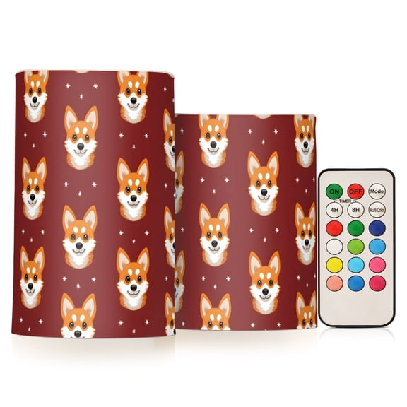 Background Corgi Face Pattern Flameless LED Candle Set with Remote, Battery Operated Color Changing Pillar Candles, Set of 2