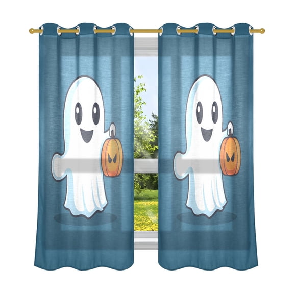 Background Halloween Ghost Breathable Sheer Curtains 63x52in Soft Light Filtering, UV Protection and Thermal Insulation