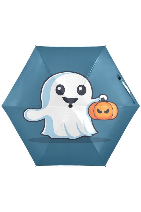 Background Halloween Ghost Umbrellas for Sun Auto Open Close UV50+ Waterproof 5-Fold Compact Fiberglass Frame