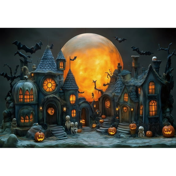 Background Portrait Kids Bat Witch Spooky Lantern Pumpkin Castle Night Scary Moon Full Backdrop Photography Halloween Happy